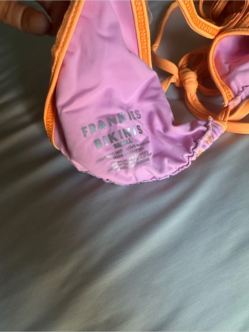 Frankie's Bikinis Pink Triangle Bikini with Orange Trim